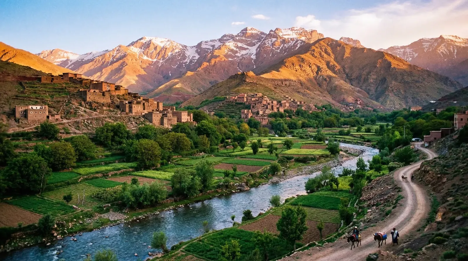 Terraced Berber villages and a river valley below the snow-capped High Atlas