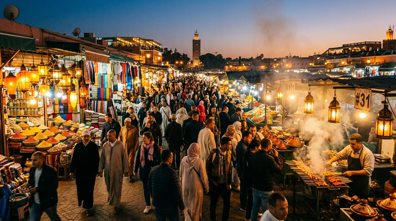Jemaa el-Fnaa square in Marrakech at dusk
